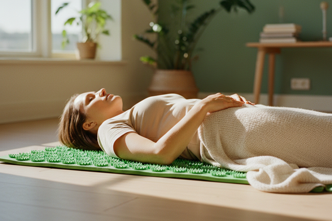 Frau liegt auf Akupressurmatte um ihr Nervensystem zu beruhigen