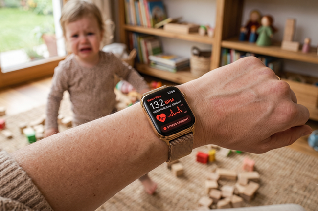 Erhöhte Herzfrequenz als Mama (132 BPM) & Stress-Check: Smartwatch-Warnsignal am Handgelenk