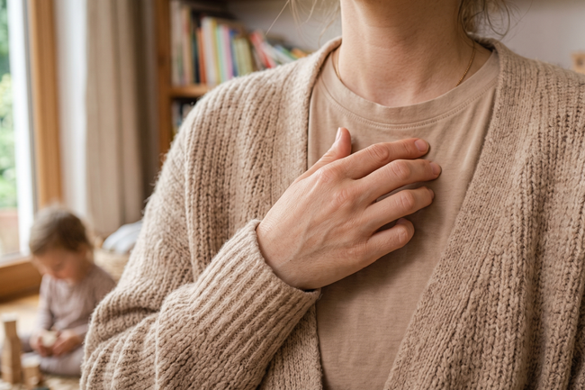 Nahaufnahme einer beruhigenden Hand-auf-Herz-Geste (Thymus-Tapping) in einem häuslichen Umfeld mit spielendem Kleinkind im Hintergrund.